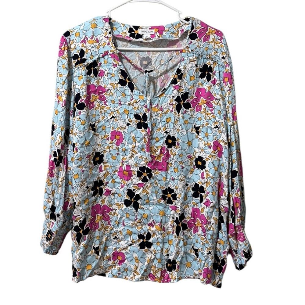Tribal Jeans‎ Women Size Large Floral Long Sleeve Blouse Tie Neck Lightweight